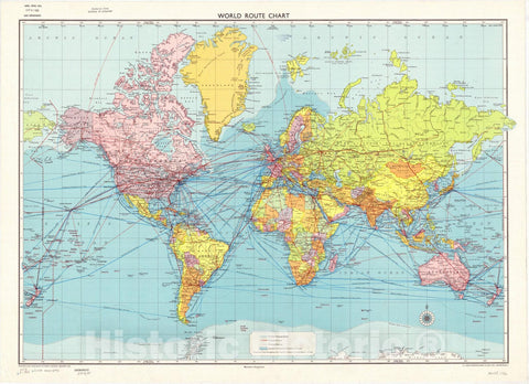 Map : World map 1966, World route chart , Antique Vintage Reproduction