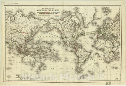 Historic Map : World map 1855, Map showing the telegraph lines in operation, under contract, and contemplated, to complete the circuit of the globe , Antique Vintage Reproduction