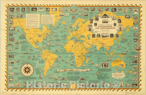 Map : World map 1951, A pictorial stamp map of navigation and exploration , Antique Vintage Reproduction