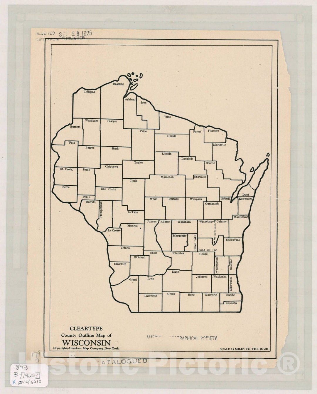 Map : Wisconsin 1925, Cleartype county outline map of Wisconsin , Antique Vintage Reproduction
