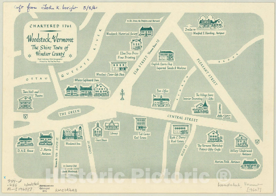 Map : Woodstock, Vermont 1960, Woodstock, Vermont, the shire town of Windsor County , Antique Vintage Reproduction