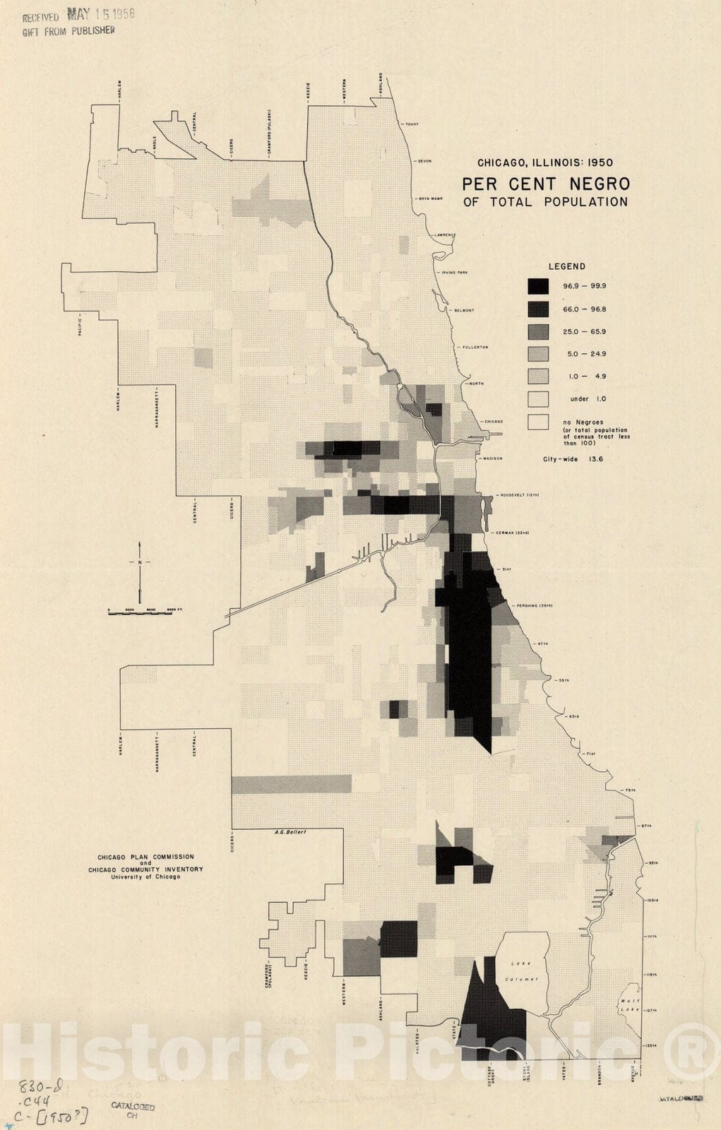 Map : Chicago, Illinois 1950, Chicago, Illinois, 1950, per cent Negro of total population , Antique Vintage Reproduction