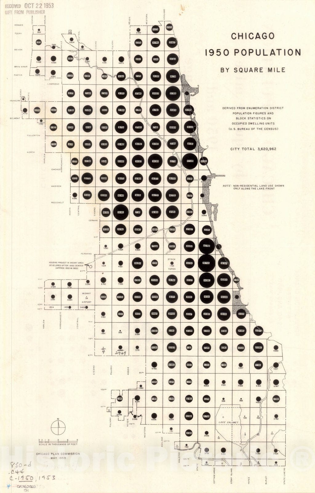 Map : Chicago, Illinois 1953, Chicago Population by square mile : 1950 and 1940-50 change , Antique Vintage Reproduction