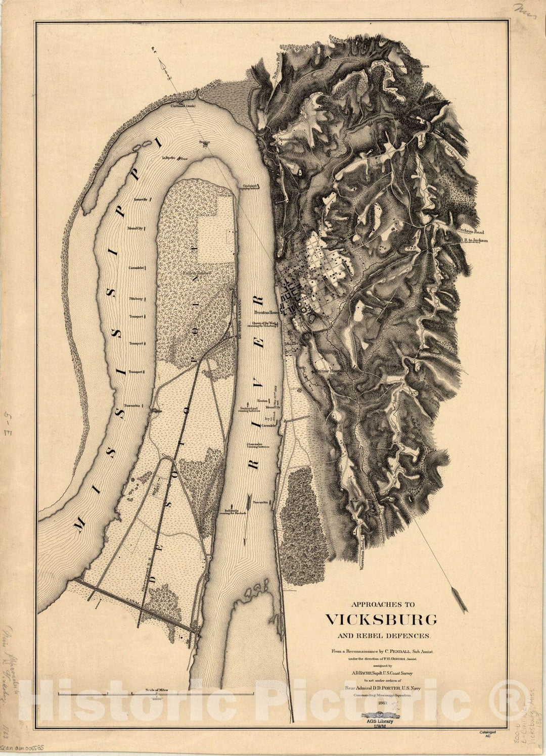 Map : Vicksburg, Mississippi 1863, Approaches to Vicksburg and Rebel defences , Antique Vintage Reproduction