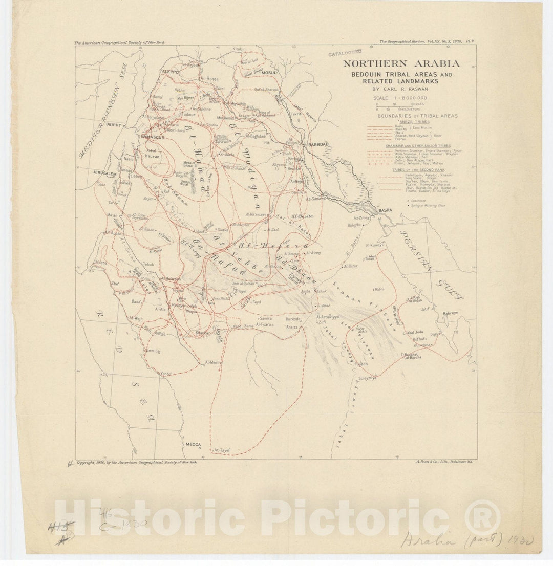 Map : Middle East 1930, Northern Arabia : Bedouin tribal areas and related landmarks , Antique Vintage Reproduction