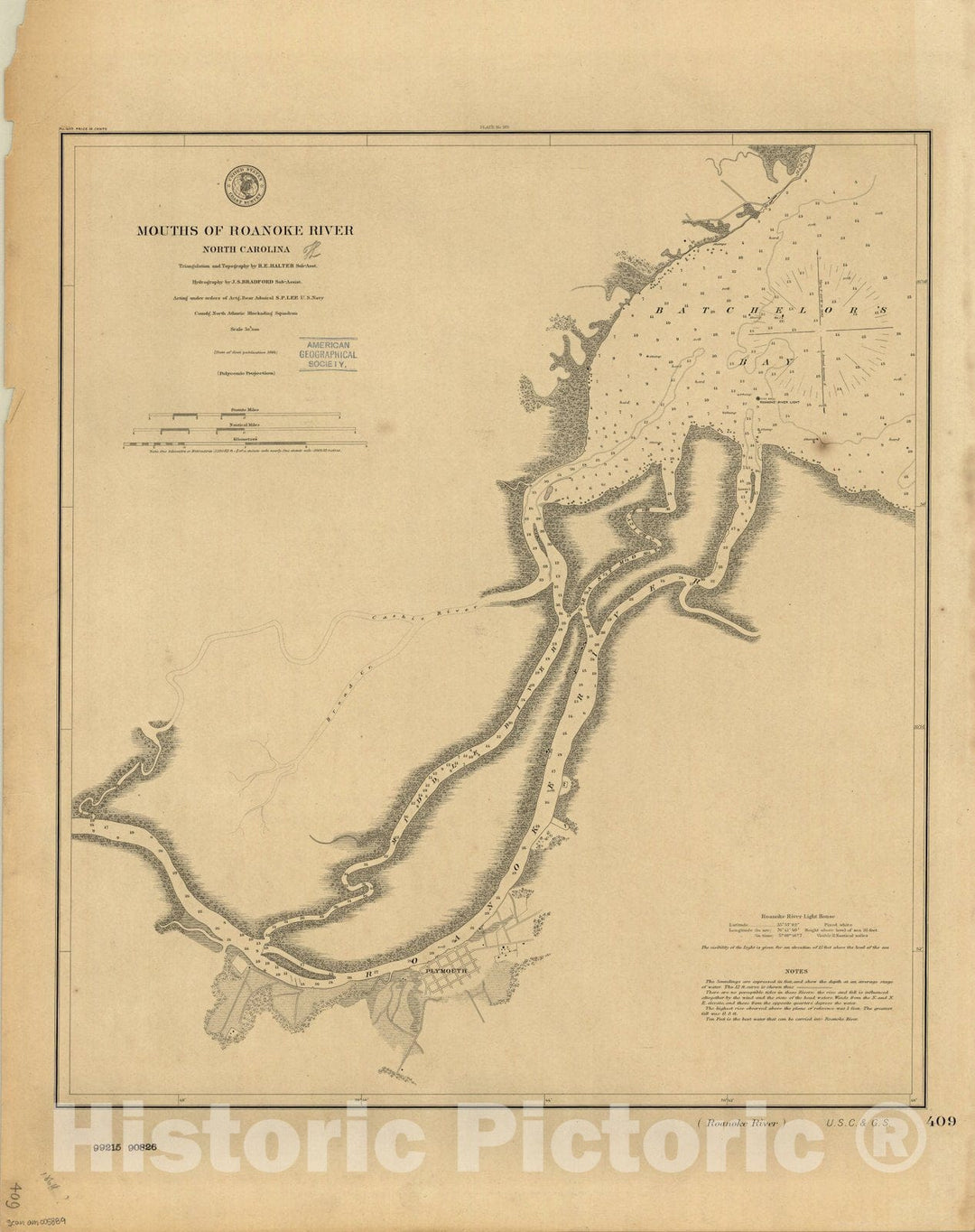 Map : Roanoke River, North Carolina 1864, Mouths of Roanoke River, North Carolina , Antique Vintage Reproduction