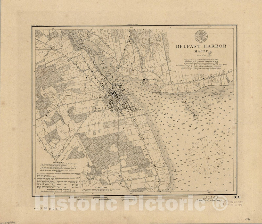 Map : Belfast, Maine 1875, Belfast Harbor, Maine , Antique Vintage Reproduction