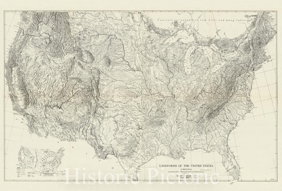 Map : United States 1957, Landforms of the United States , Antique Vintage Reproduction