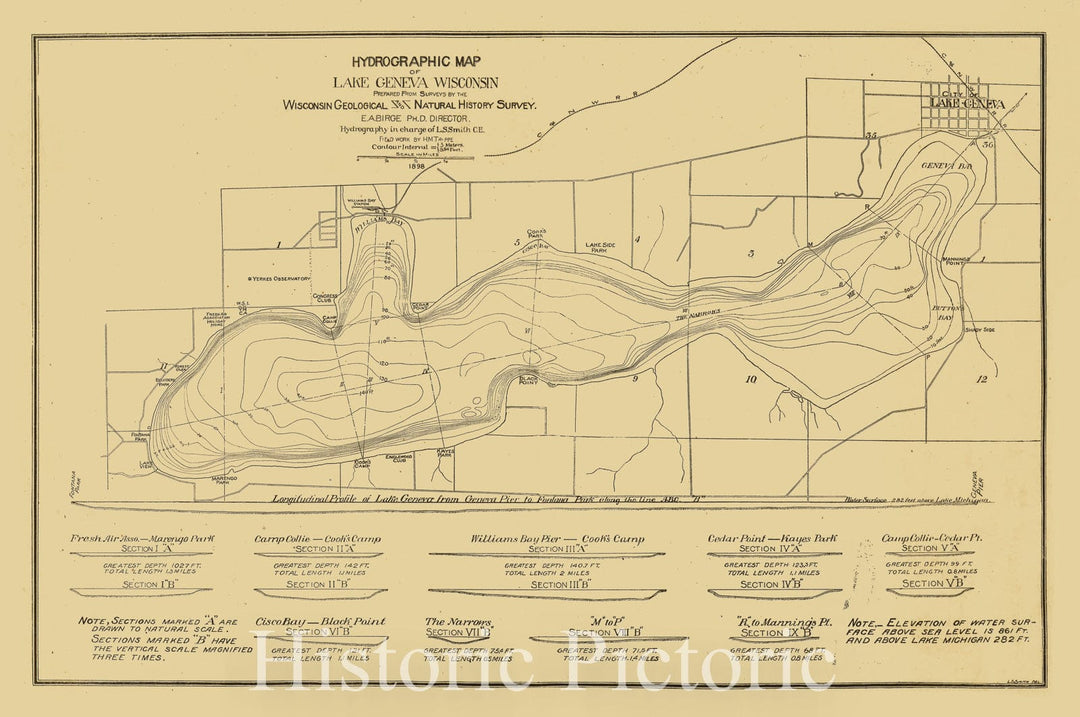 Map : Lake Geneva, Wisconsin 1898, Hydrographic map of Lake Geneva, Wisconsin , Antique Vintage Reproduction