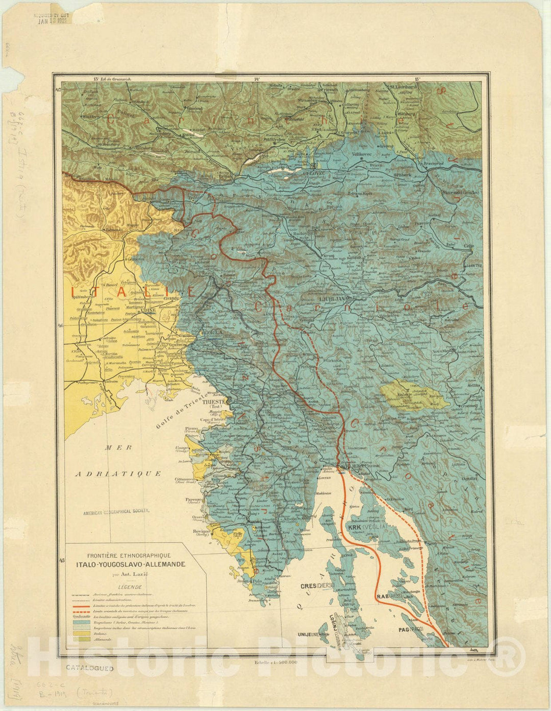 Map : Balkan Peninsula 1919, Frontiere ethnographique italo-yougoslavo-allemande , Antique Vintage Reproduction