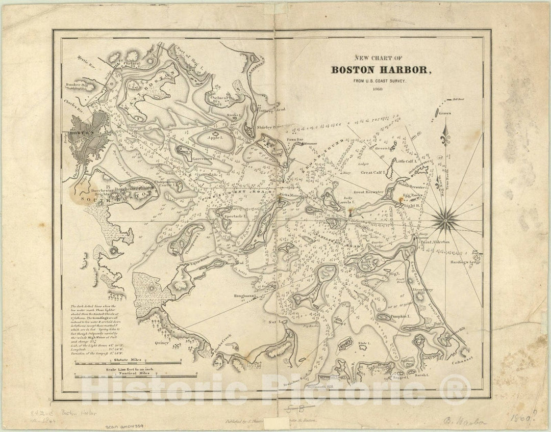 Map : Boston Harbor, Massachusetts 1860, New chart of Boston Harbor , Antique Vintage Reproduction