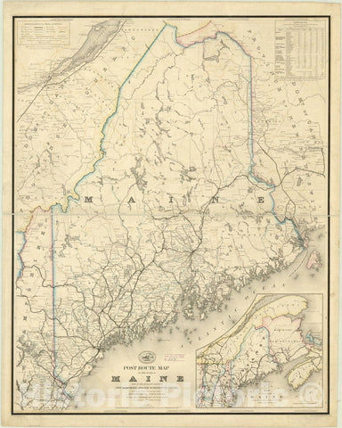 Map : Maine 1869, Post route map of the state of Maine : and of the adjacent parts of New Hampshire and the Dominion of Canada , Antique Vintage Reproduction