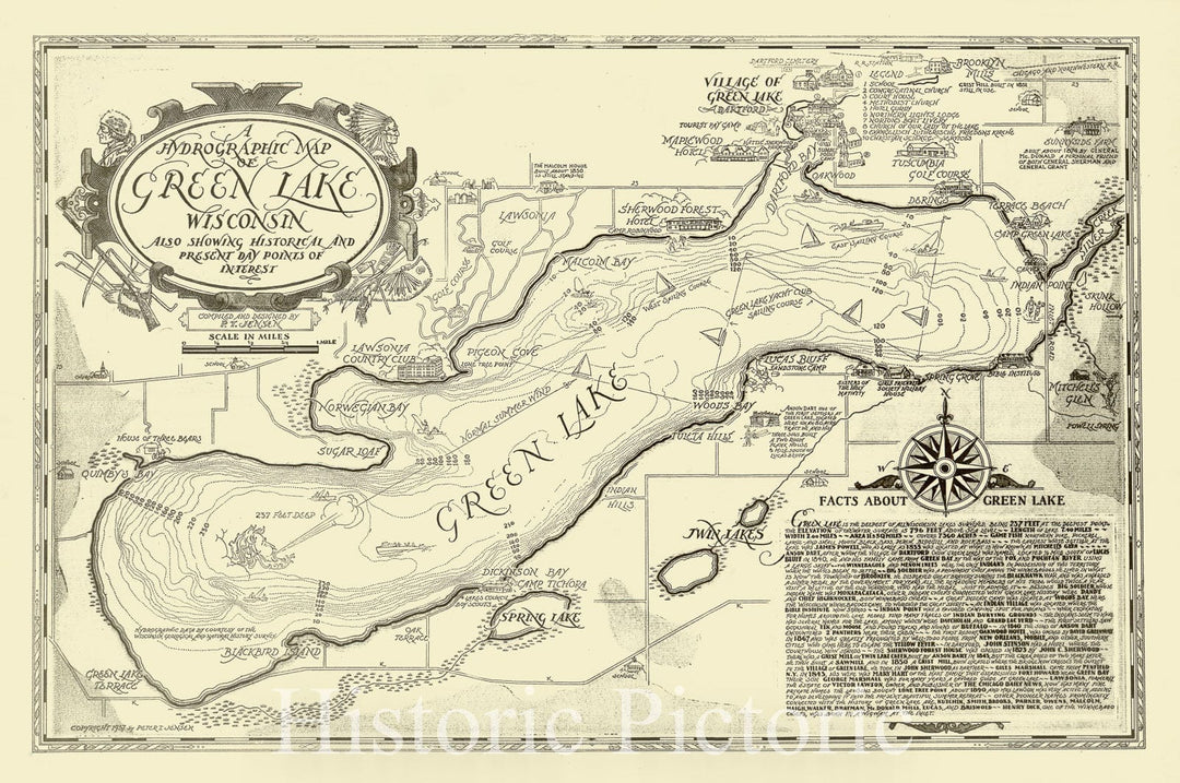 Historic Map : Green Lake, Wisconsin 1937, A hydrographic map of Green Lake, Wisconsin : also showing historical and present day points of interest , Antique Vintage Reproduction
