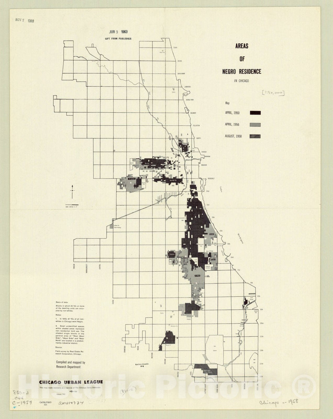 Map : Chicago, Illinois 1959, Areas of Negro residence in Chicago , Antique Vintage Reproduction