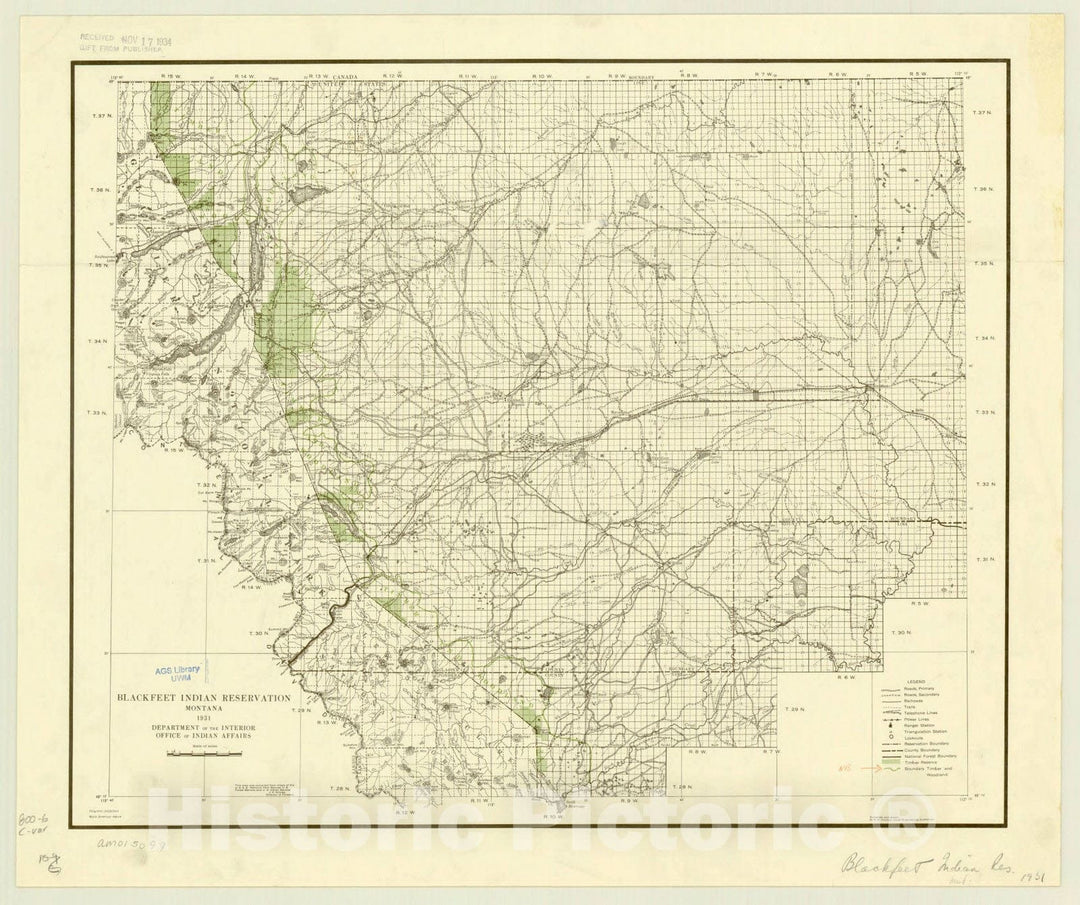 Map : Montana 1931, Blackfeet Indian Reservation, Montana , Antique Vintage Reproduction
