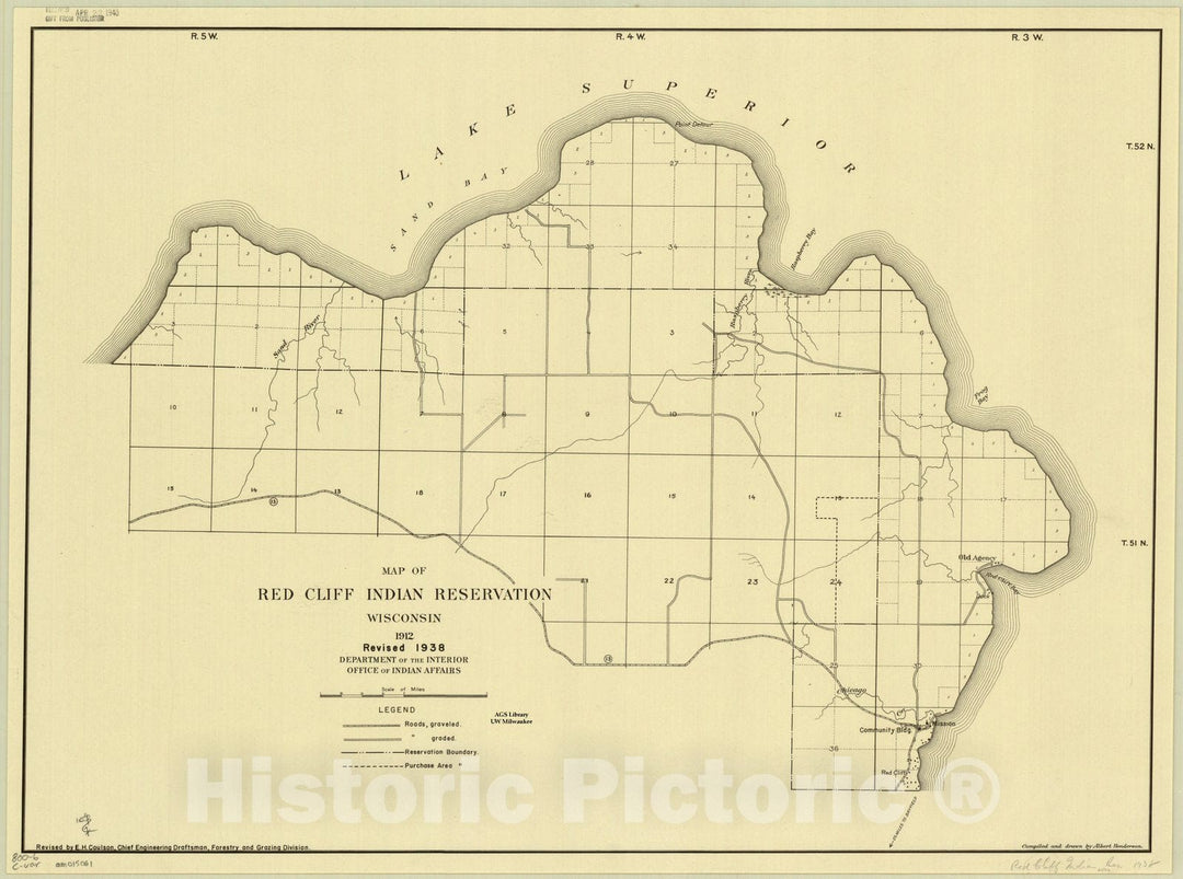 Map : Wisconsin 1938, Map of Red Cliff Indian Reservation, Wisconsin, 1912 revised 1938 , Antique Vintage Reproduction