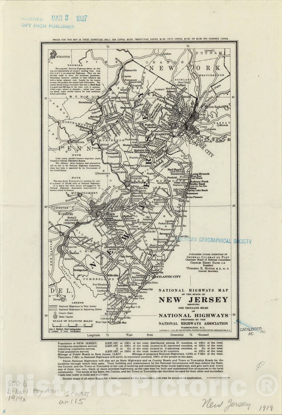 Map : New Jersey 1919, National highways map of the state of New Jersey : showing one thousand miles of national highways