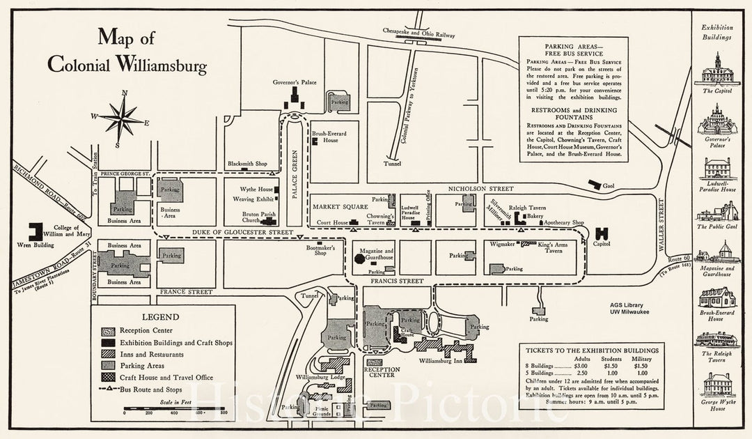Map : Williamsburg, Virginia 1955, Map of Colonial Williamsburg, Antique Vintage Reproduction