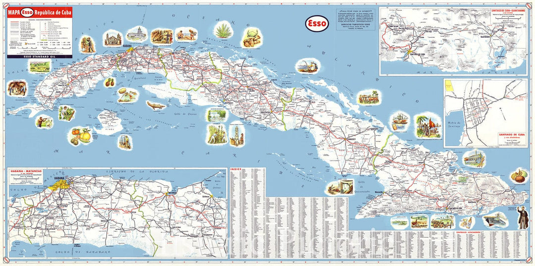 Map : Cuba 1952, Mapa de las carreteras de la Republica de Cuba, Antique Vintage Reproduction
