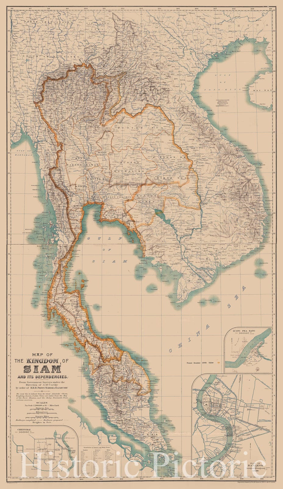 Map : Thailand 1900, Map of the Kingdom of Siam and its dependencies , Antique Vintage Reproduction