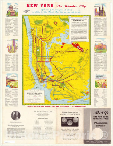 Historic Map : New York City 1939 2, Map of the New York World's Fair with a new transit map of Greater New York : auto routes, places of interest, etc., Antique Vintage Reproduction