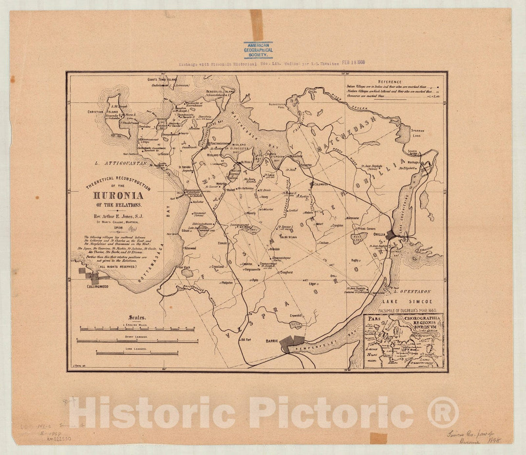 Map : Ontario, Canada 1898, Theoretical reconstruction of the Huronia of the Relations , Antique Vintage Reproduction