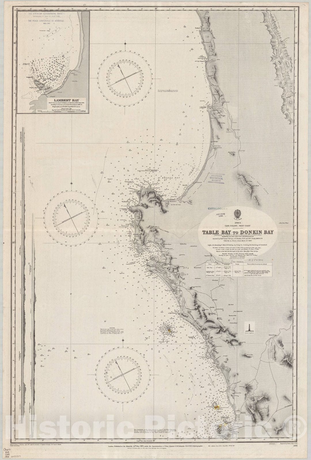 Map : Cape of Good Hope, South Africa 1914, Africa, Cape Colony, west coast, Table Bay to Donkin Bay , Antique Vintage Reproduction