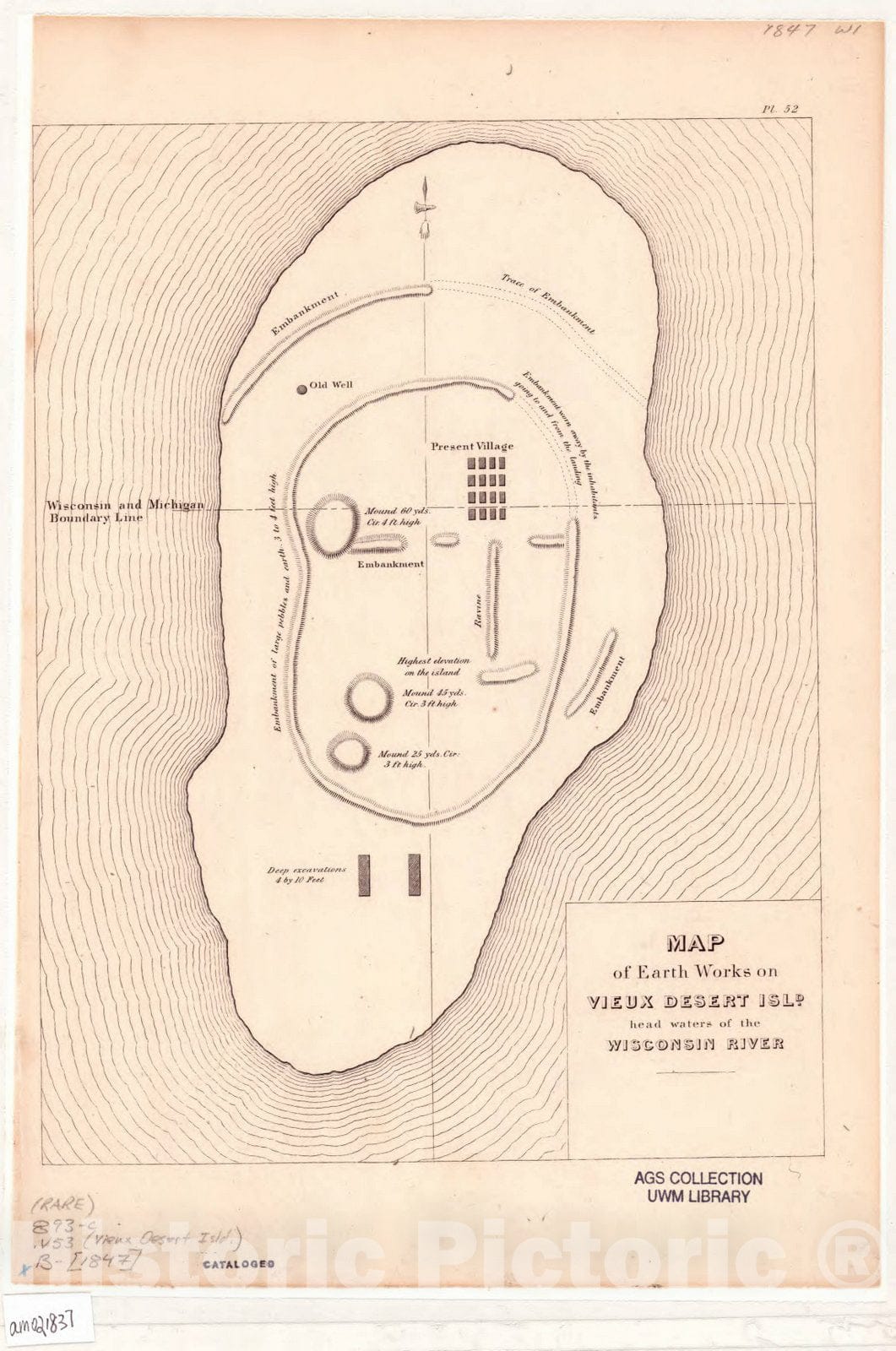 Map : Vieux Desert Island, Wisconsin 1847, Map of earth works on Vieux Desert Isld head waters of the Wisconsin River, Antique Vintage Reproduction