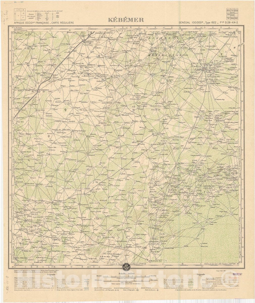 Map : Kebemer, Senegal 1924, Afrique Occidle. Francaise, carte reguliere Kebemer, Senegal, Antique Vintage Reproduction
