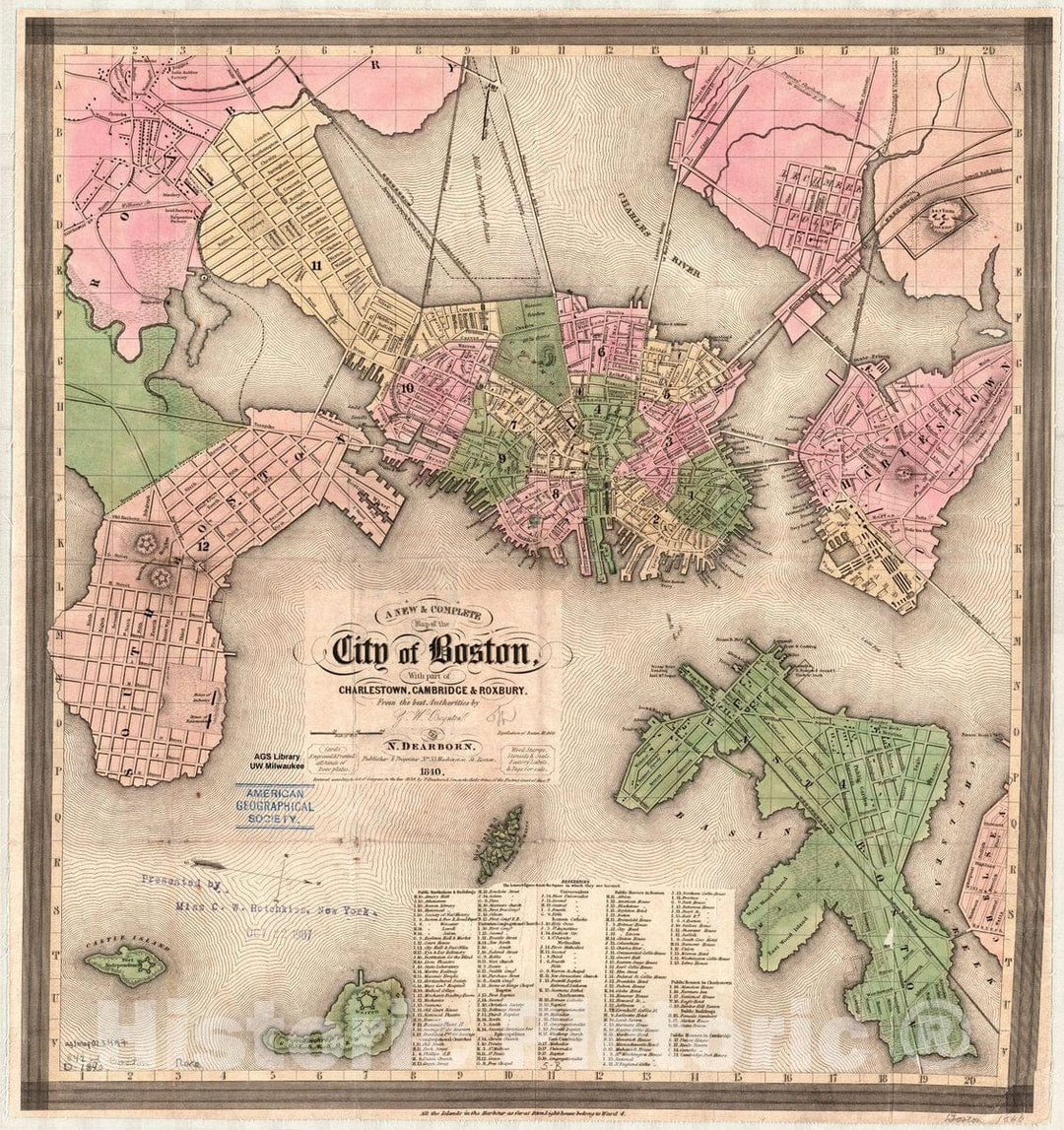 Map : Boston, Massachusetts 1840, A new & complete map of the city of Boston, with part of Charlestown, Cambridge & Roxbury , Antique Vintage Reproduction