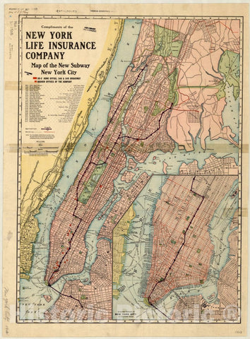 Map : New York city, New York 1903, Compliments of the New York Life Insurance Company, map of the new subway New York city , Antique Vintage Reproduction