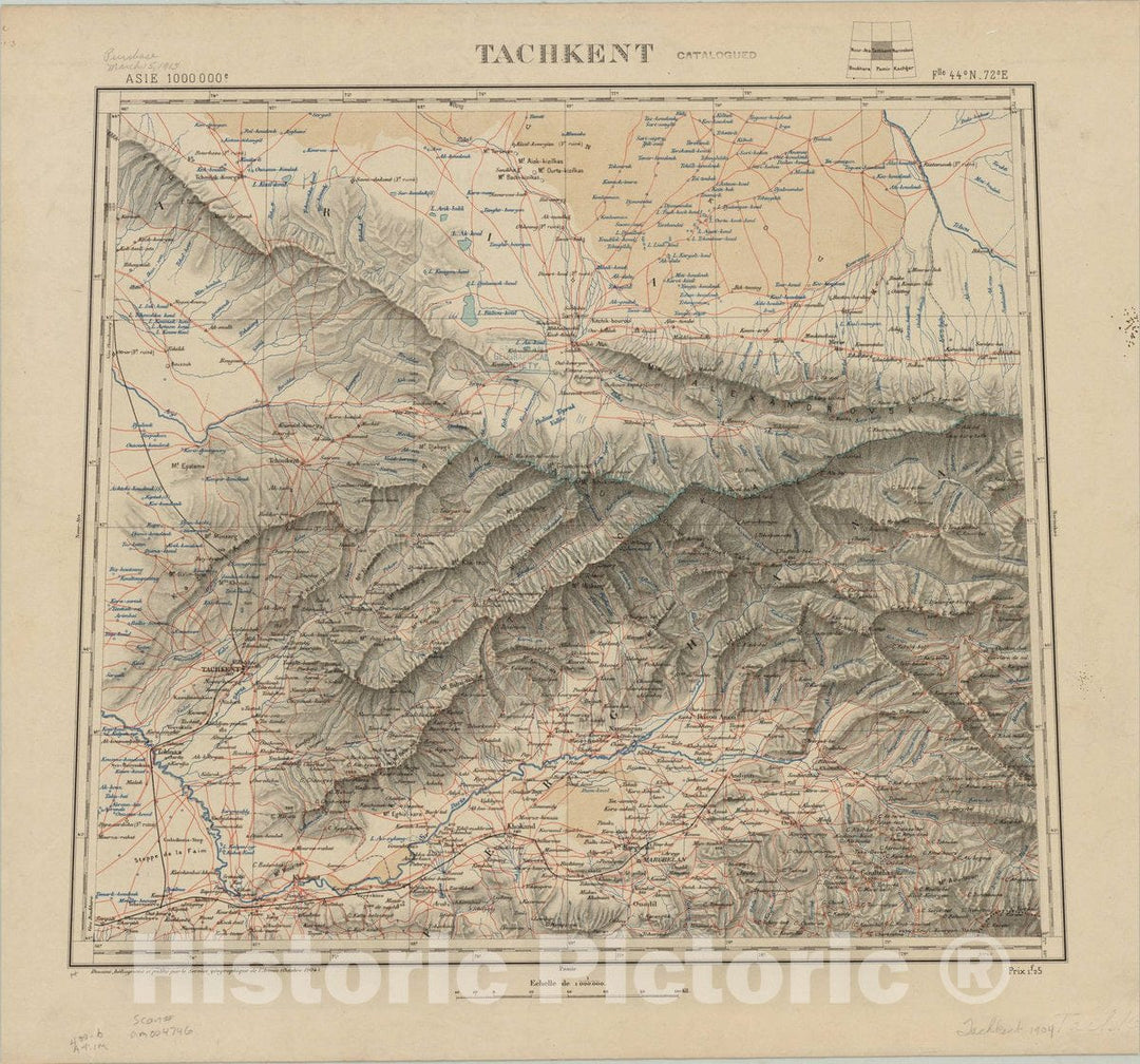 Map : Tashkent, Uzbekistan 1904, Asie 1. 000 000e Tachkent flle 44 N 72 E, Antique Vintage Reproduction