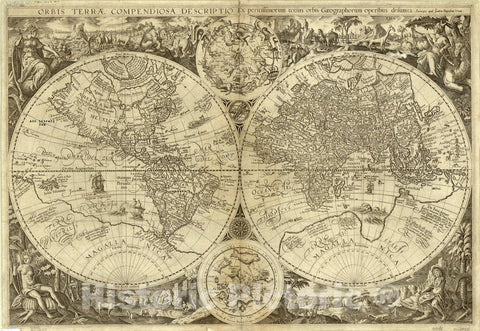 Map : World Map 1590, Orbis terrae compendiosa descriptio ex peritissimorum totius orbis gaeographorum operibus desumta, Antique Vintage Reproduction