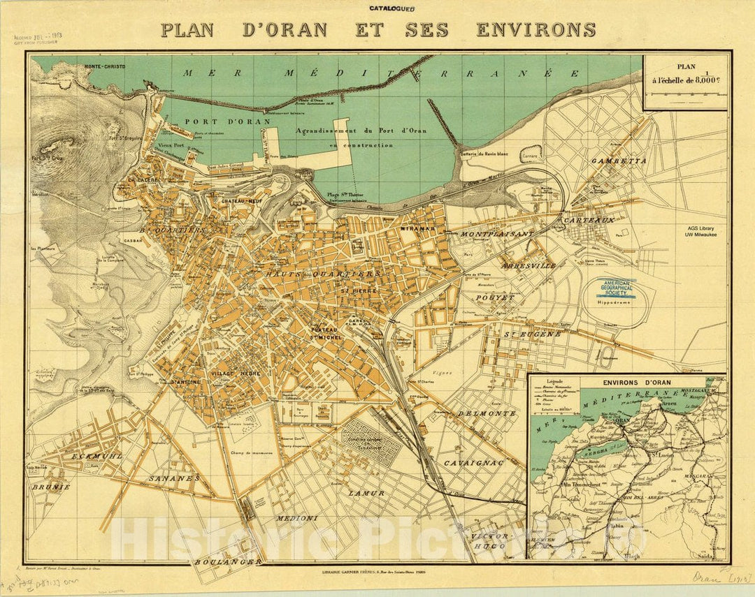 Map : Oran, Algeria 1913, Plan d'Oran et ses environs , Antique Vintage Reproduction