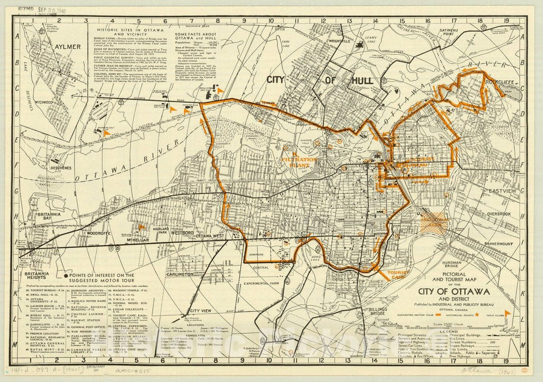 Map : Ottawa, Ontario 1940 2, Pictorial and tourist map of the City of Ottawa and District , Antique Vintage Reproduction