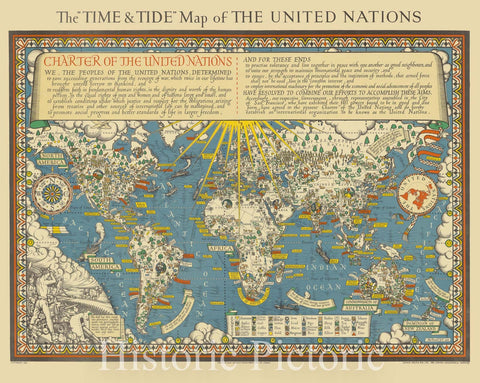 Map : World map 1948, The |"|"Time and tide|"|" map of the United Nations , Antique Vintage Reproduction