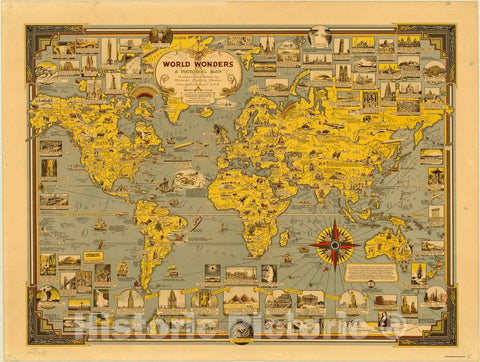 Map : World map 1939 1, World wonders : a pictorial map , Antique Vintage Reproduction