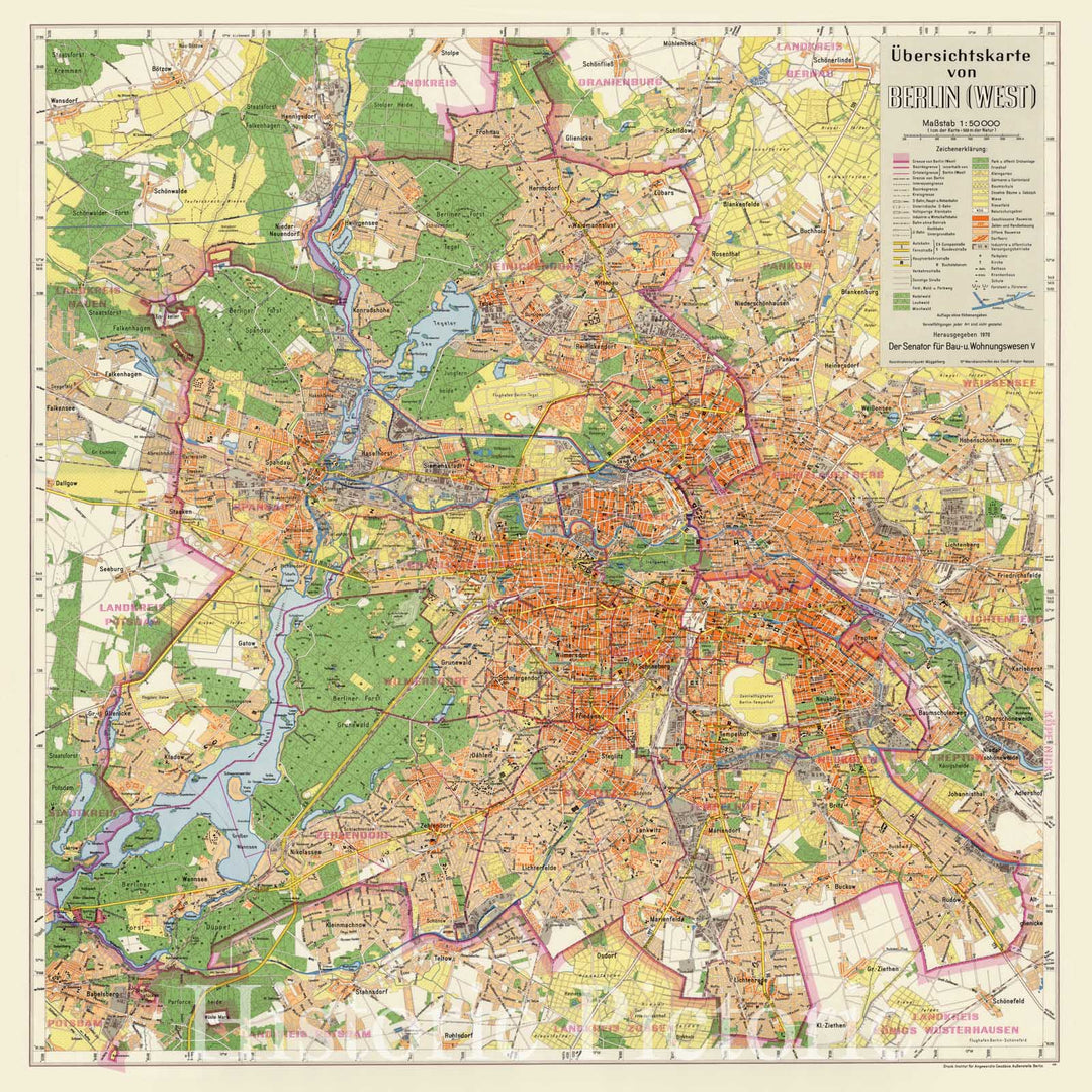 Map : Berlin, Germany 1970, Ubersichtskarte von Berlin (West), Antique Vintage Reproduction