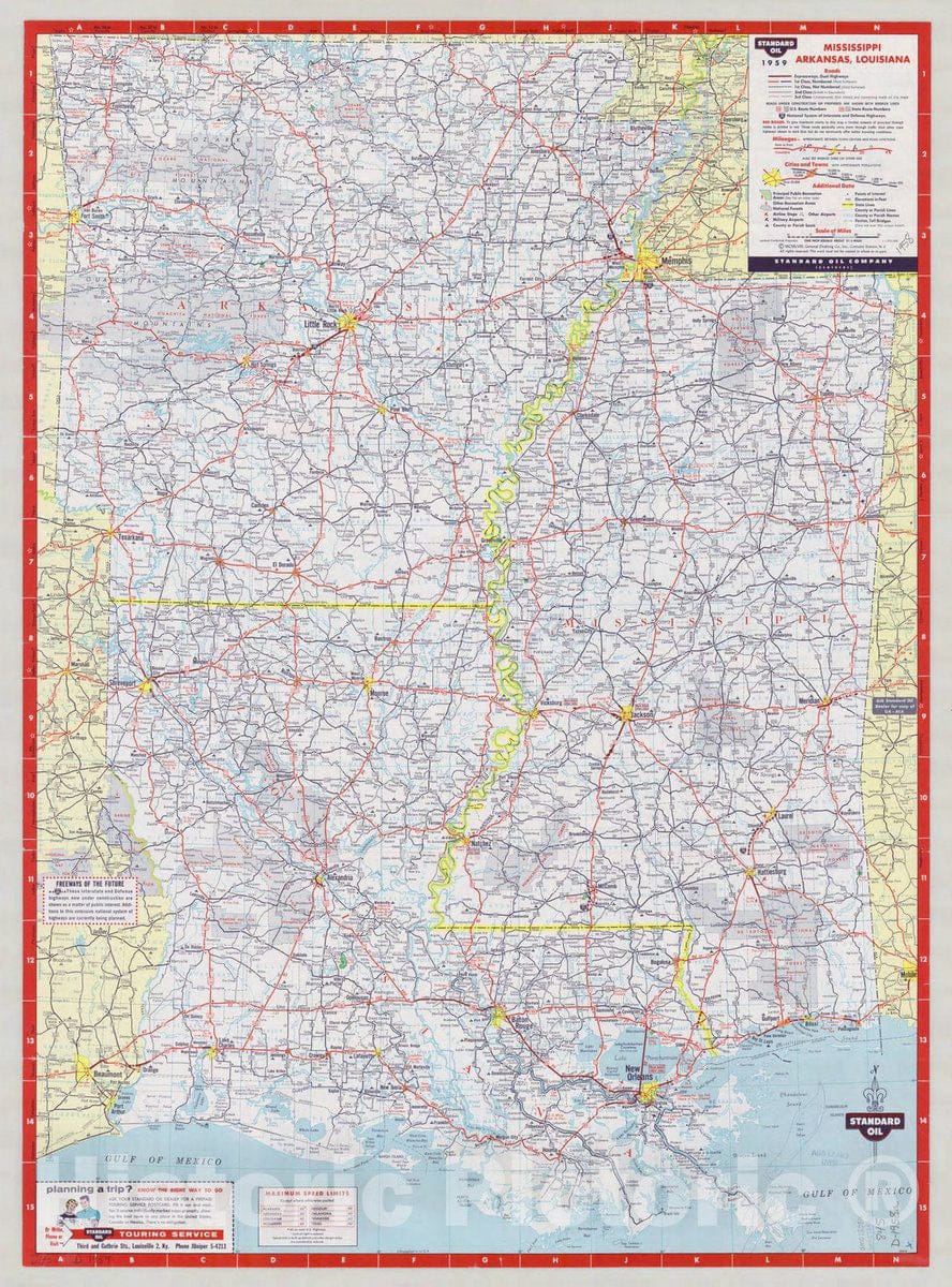 Map : Mississippi, Arkansas, Louisiana 1958 1, Standard Oil 1959 Mississippi, Arkansas, Louisiana , Antique Vintage Reproduction