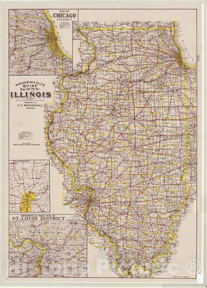 Map : Illinois 1917, Mendenhall's guide and road map of Illinois : showing main touring routes & good roads, Antique Vintage Reproduction
