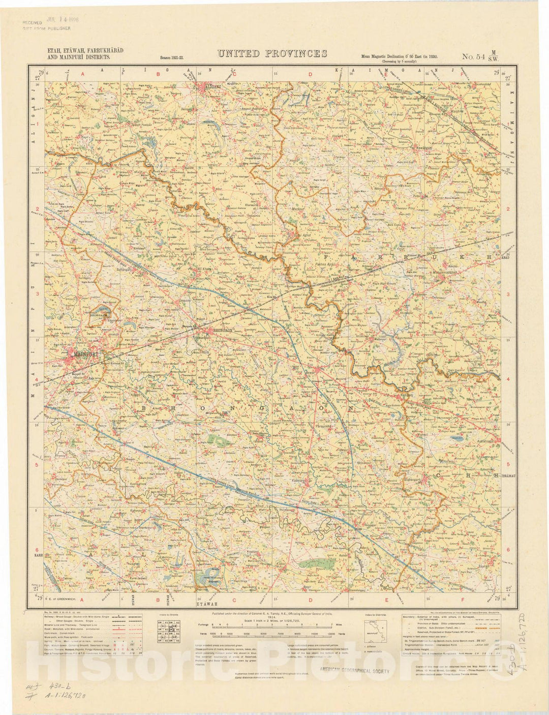 Map : Etah, Etawah, Farrukhabad and Mainpuri Districts, United Provinces, No. 54 M/S.W. 1924, India and adjacent countries, Antique Vintage Reproduction
