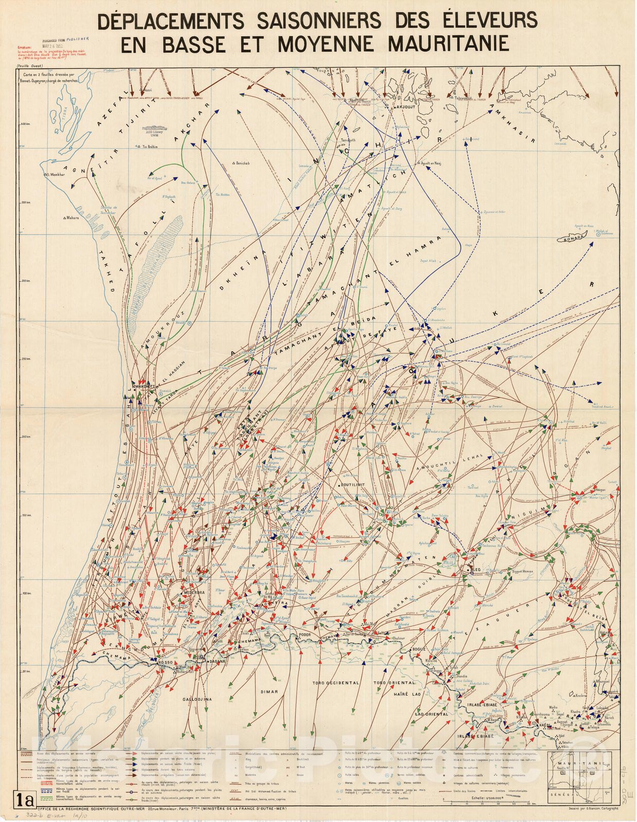Map : Mauritania 1951, Deplacements saisonniers des eleveurs en basse et moyenne Mauritanie, Antique Vintage Reproduction