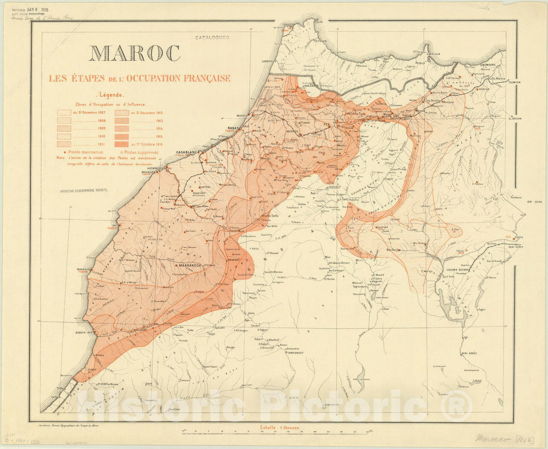 Map : Morocco 1917, Maroc : les etapes de l'occupation Francaise, Antique Vintage Reproduction