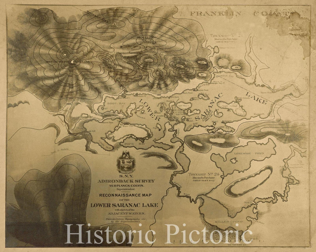 Historic Map : Reconnaissance Map of the Lower Saranac Lake with sketch of the Adjacent Waters. Triangulation, Topography, etc. by the Superintendent., 1879 , Vintage Wall Art