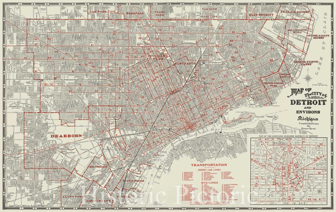 Historic Map : Map of the city of Detroit and Environs, Michigan, 1939 , Vintage Wall Art