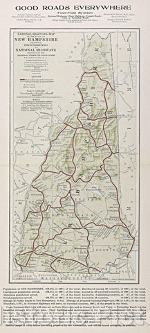 Historic Map : National highways map of the state of New Hampshire : showing nine hundred miles of national highways proposed by the National Highways Association, 1914 , Vintage Wall Art