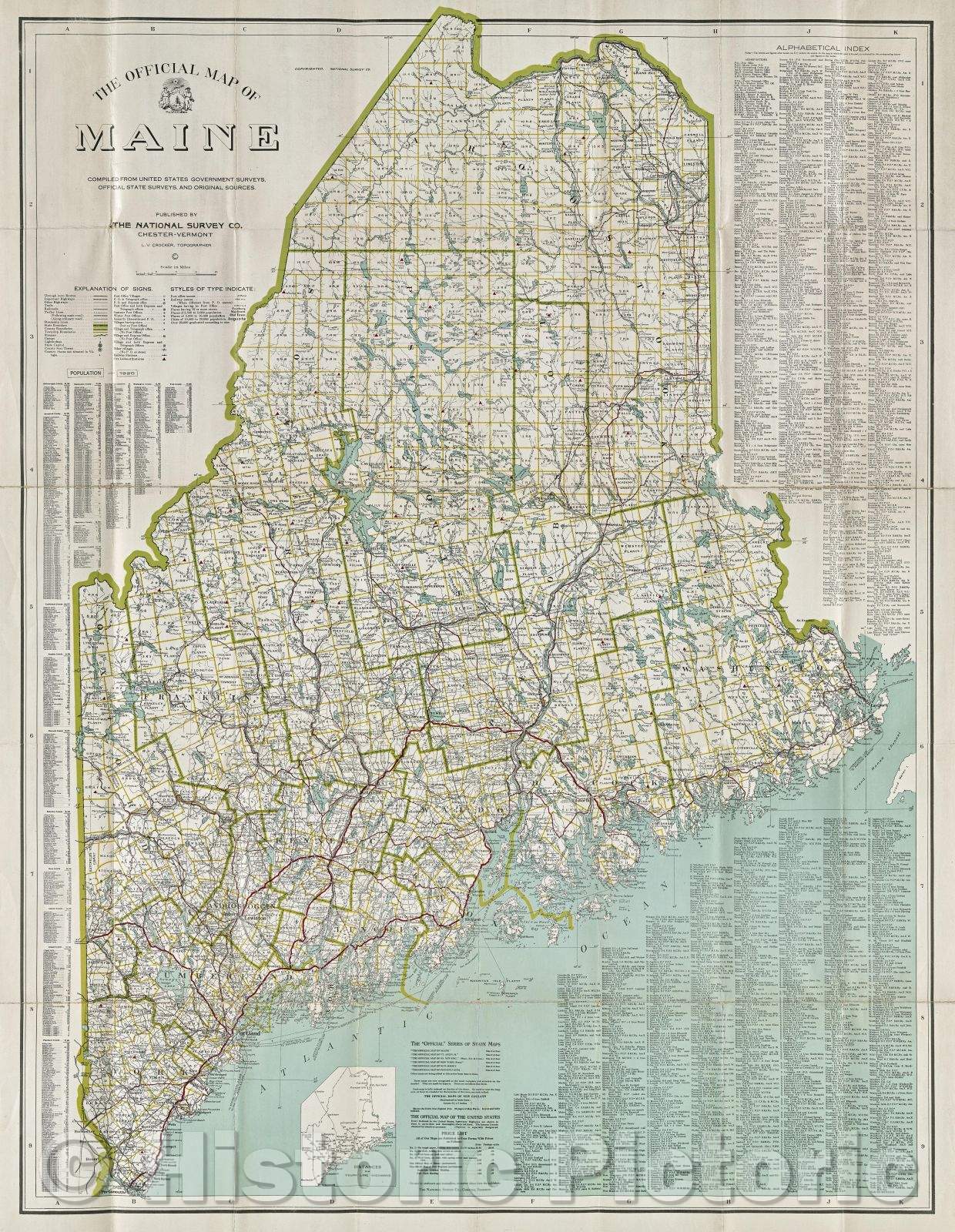 Historic Map : The Official Map of Maine compiled from United States Government Surveys, Official State Surveys, and Original Sources., 1920 , Vintage Wall Art