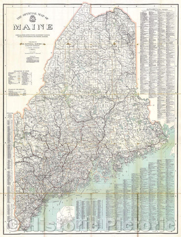 Historic Map : The Official Map of Maine compiled from United States government surveys, official state surveys, and original sources; L.V. Crocker, Topographer., 1918 , Vintage Wall Art