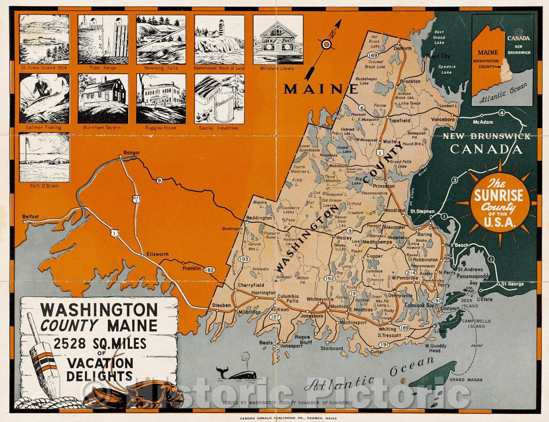 Historic Map : Washington County, Maine : 2,528 sq. miles of vacation delights, 1960 , Vintage Wall Art