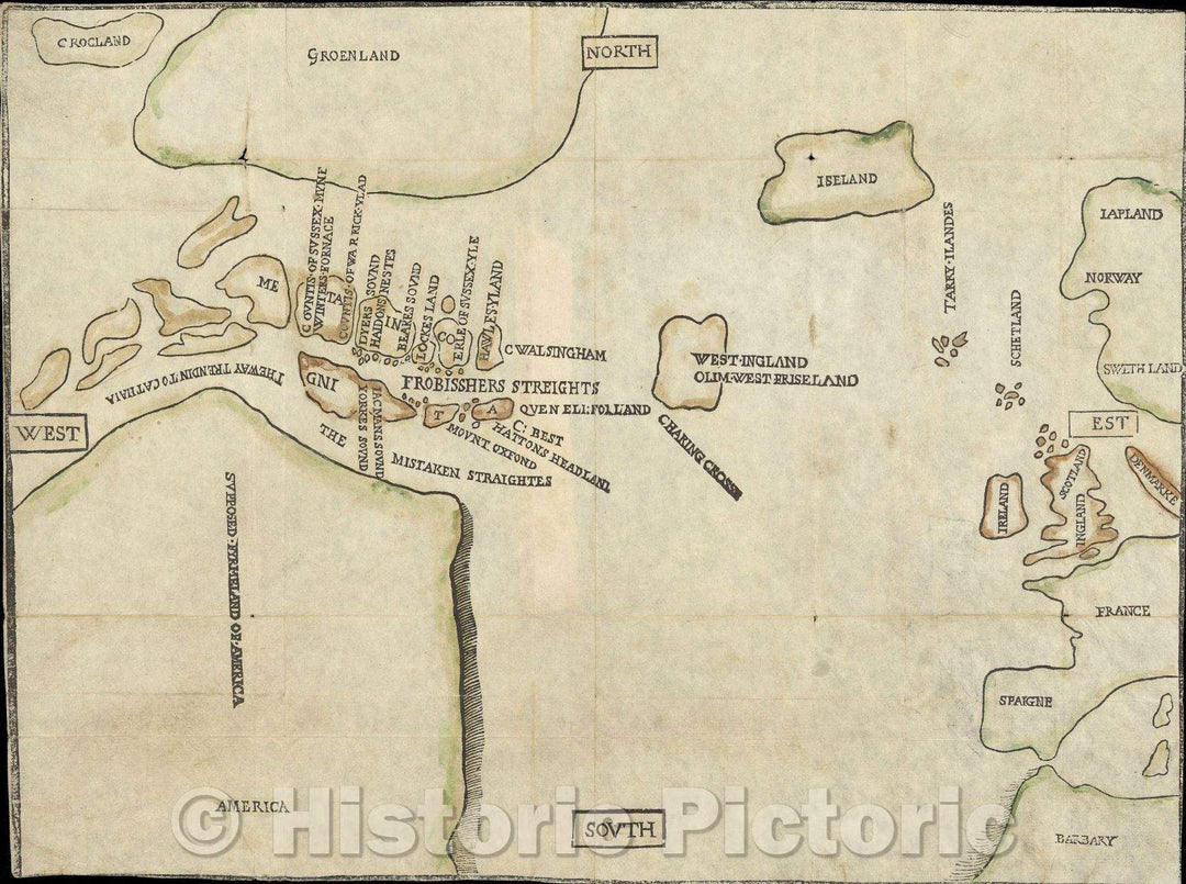 Historic Map : Untitled map of Arctic -NW Passage, 1578 , Vintage Wall Art